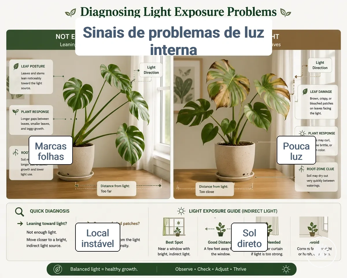 sinais de exposição à luz em plantas tropicais de interior mostrando pouca luz e danos por sol direto