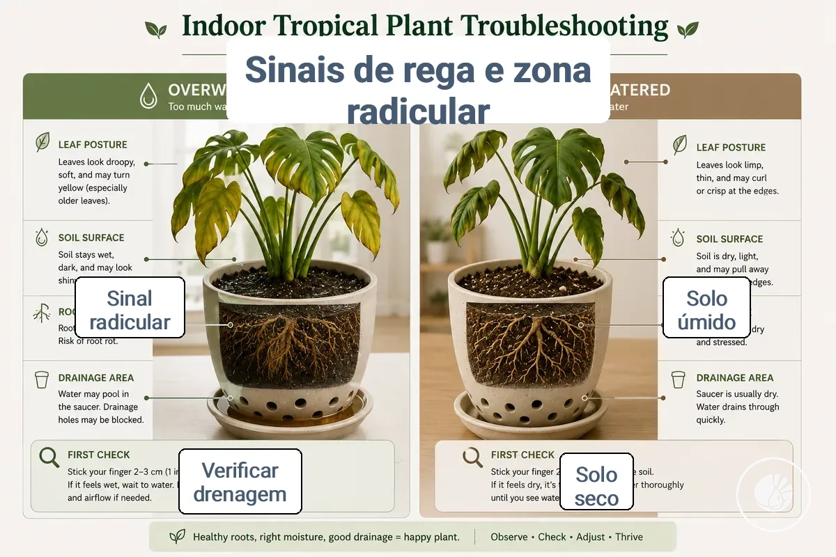 comparação dos sinais de problemas de rega e zona radicular em plantas tropicais de interior