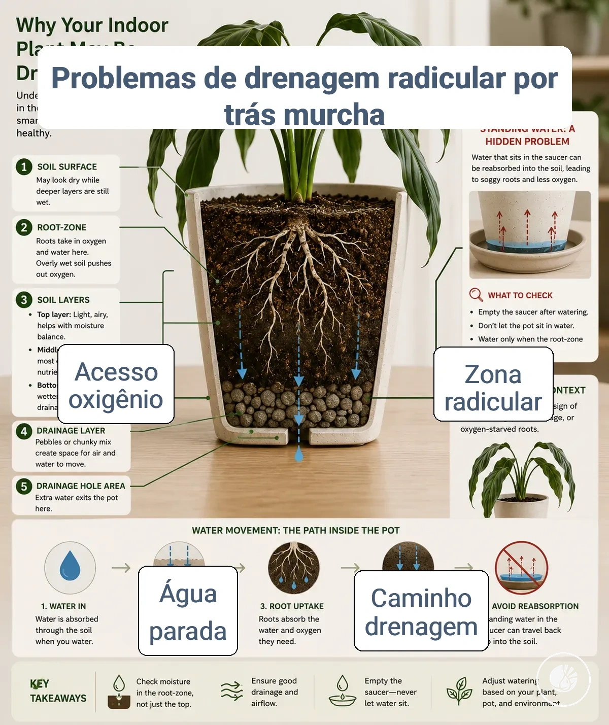 Vaso de planta de interior mostrando verificações de zona radicular e drenagem para murcha