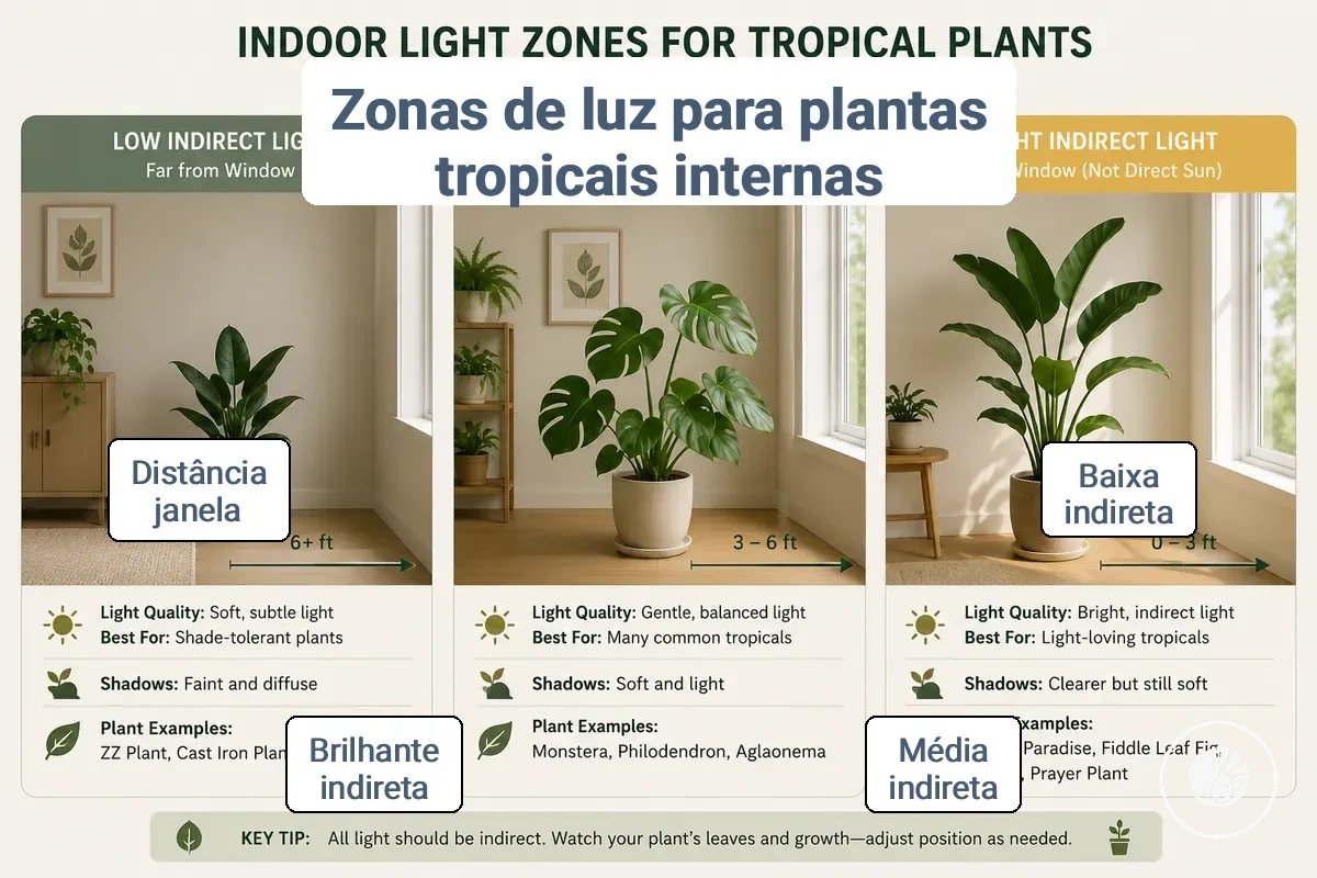 Comparação das condições de luz indireta baixa, média e brilhante para plantas tropicais de interior