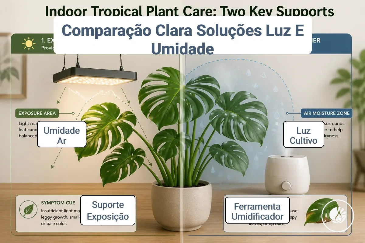 Luz de cultivo e umidificador comparados como soluções para cuidar de plantas tropicais de interior