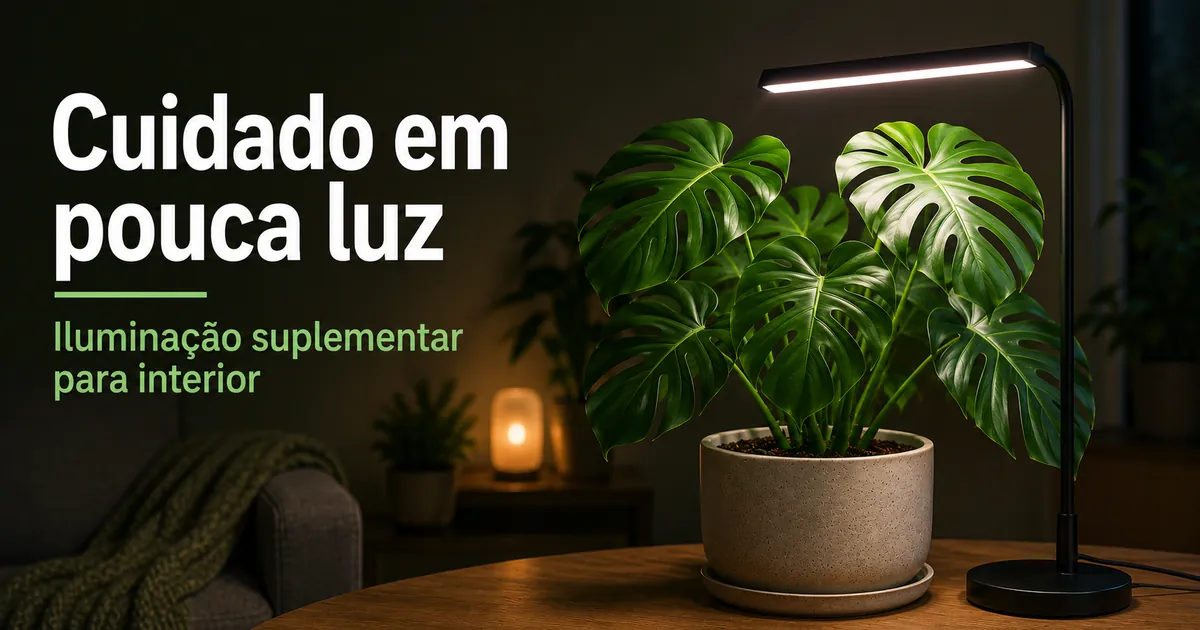 Montagem de cuidado para planta tropical de interior em cômodo com pouca luz e iluminação suplementar