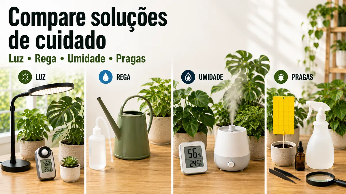 Comparação de soluções para plantas tropicais de interior por necessidades de luz, rega, umidade e pragas