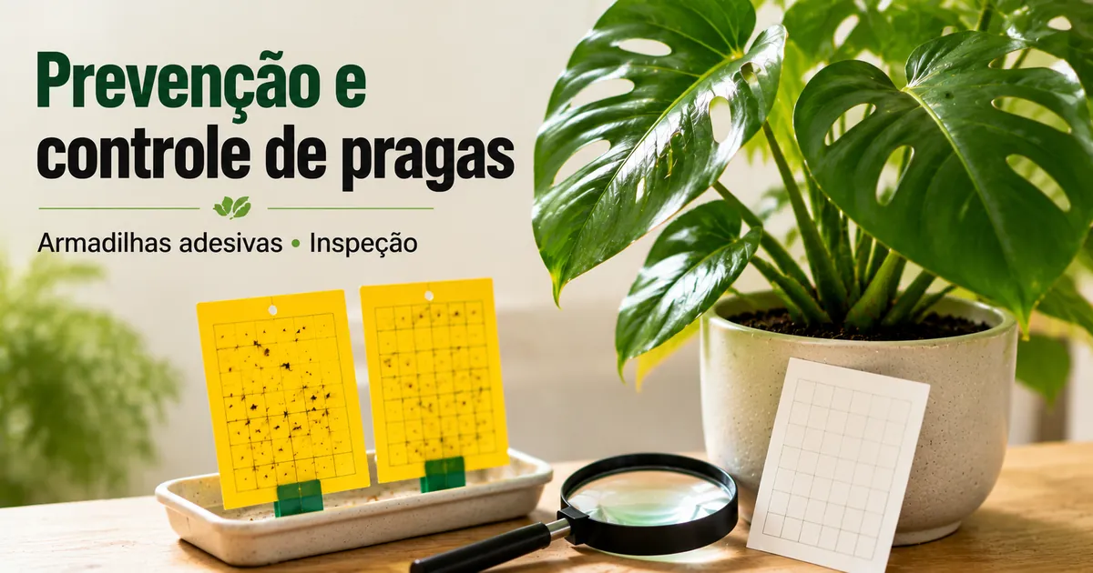 Prevenção de pragas em plantas tropicais de interior com armadilhas adesivas e ferramentas de inspeção