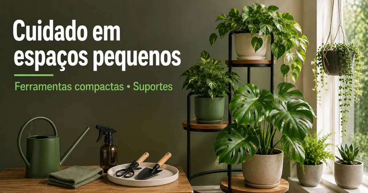 Montagem de cuidado para plantas tropicais de interior em espaços pequenos com ferramentas compactas e suportes