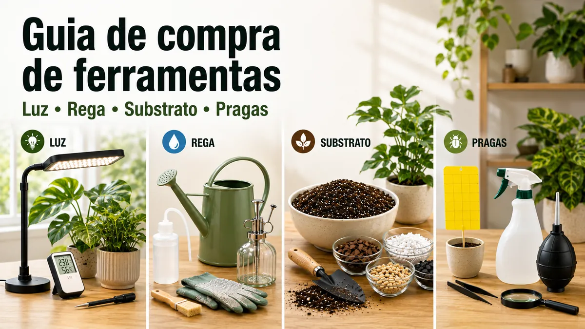 Ferramentas e kits para cuidar de plantas tropicais de interior organizados por luz, rega, substrato e pragas