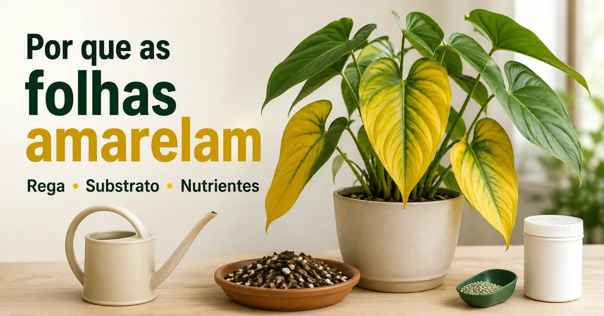 Planta tropical de interior com folhas amarelas sendo verificada por problemas de rega, substrato e nutrientes