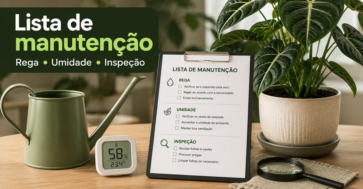 Lista de manutenção para plantas tropicais de interior com ferramentas de rega, umidade e inspeção