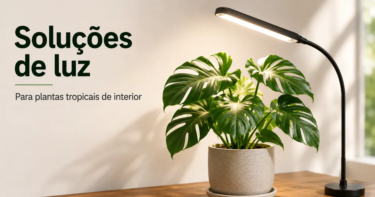 Planta tropical de interior perto de uma luz de cultivo para melhorar a exposição à luz