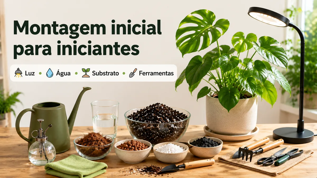 Montagem inicial para cuidar de plantas tropicais de interior com ferramentas básicas, luz, água e substrato