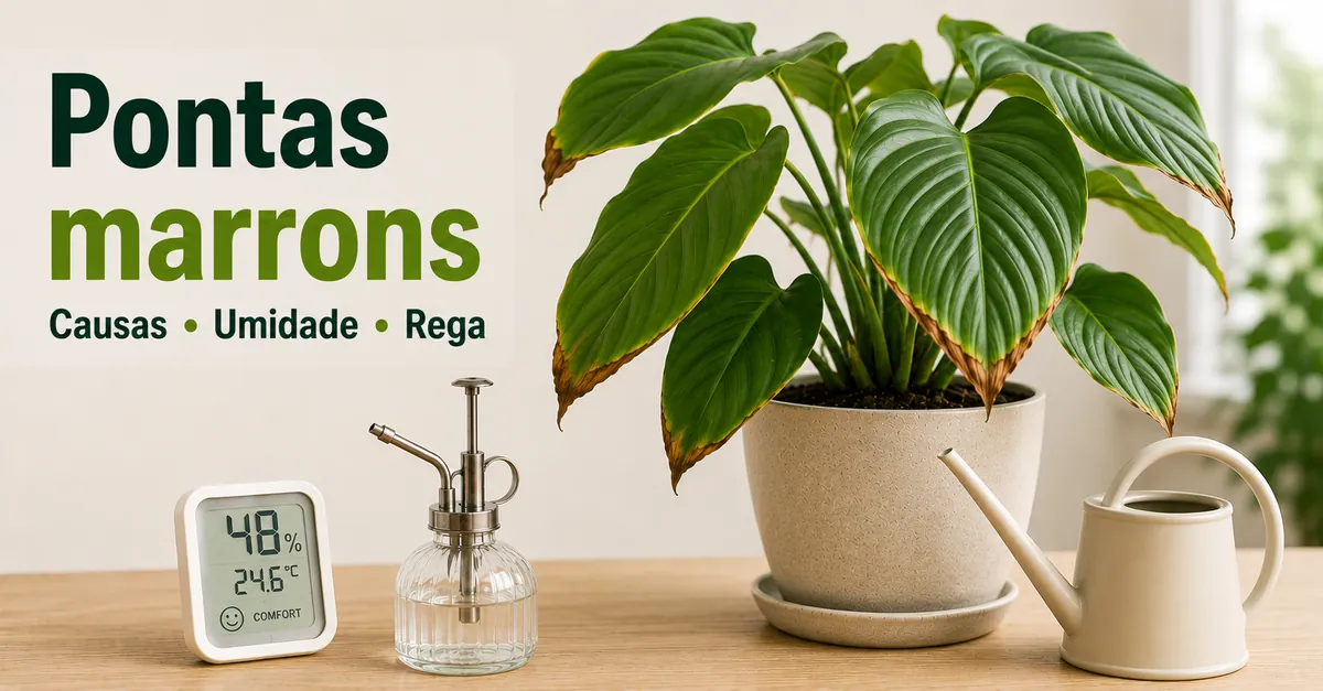Pontas marrons em uma planta tropical de interior com ferramentas de umidade e rega próximas