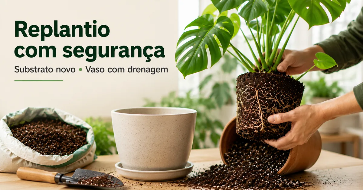 Replantio de uma planta tropical de interior com substrato novo e vaso com drenagem