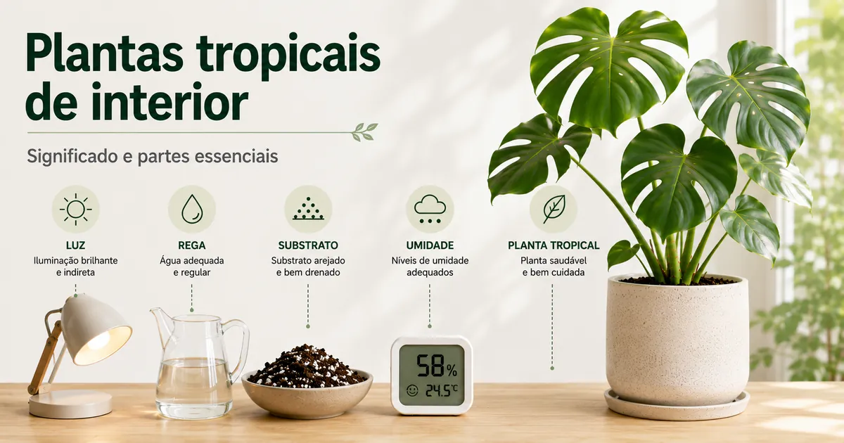 Partes essenciais do cuidado de plantas tropicais de interior, com luz, água, substrato e medidores de umidade