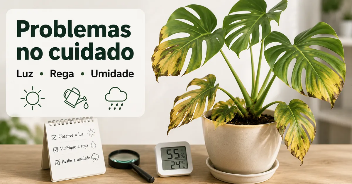 Planta tropical de interior com problemas de cuidado ligados a luz, rega e umidade