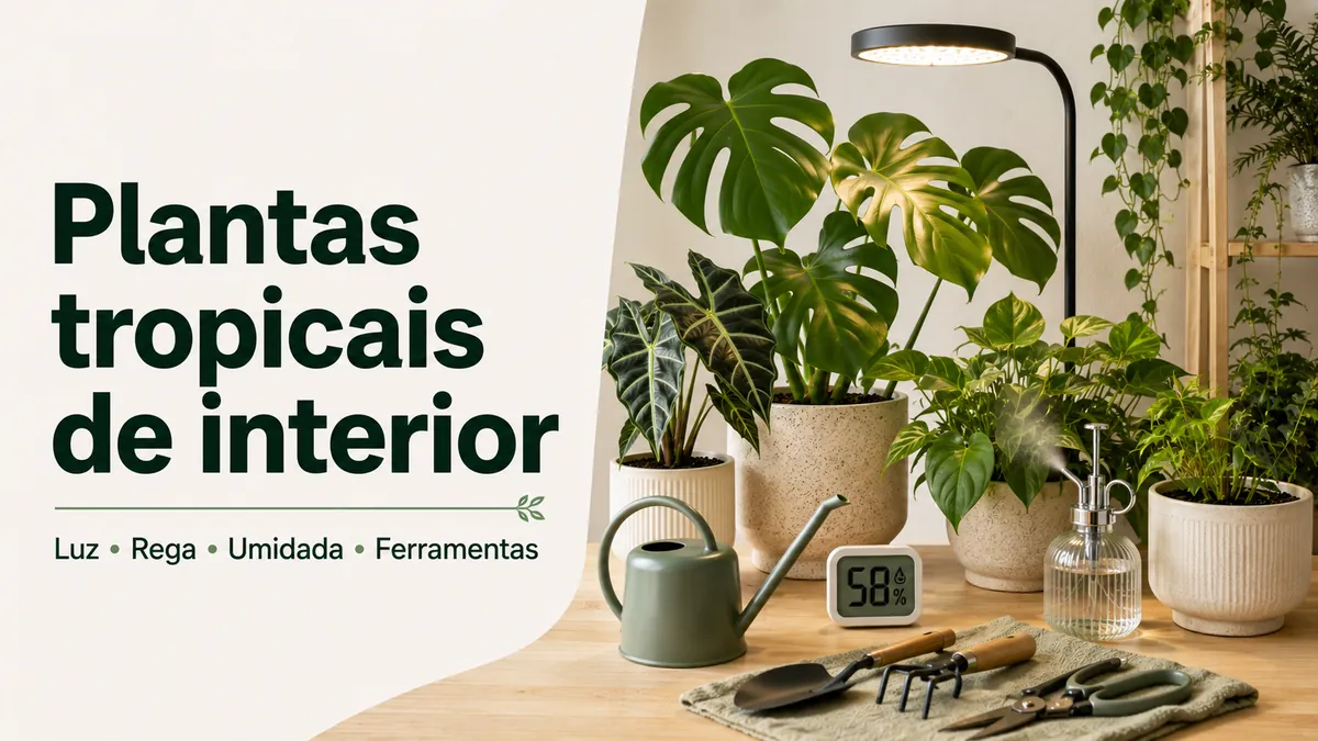 Montagem de cuidado para plantas tropicais de interior com luz, rega, umidade e ferramentas básicas