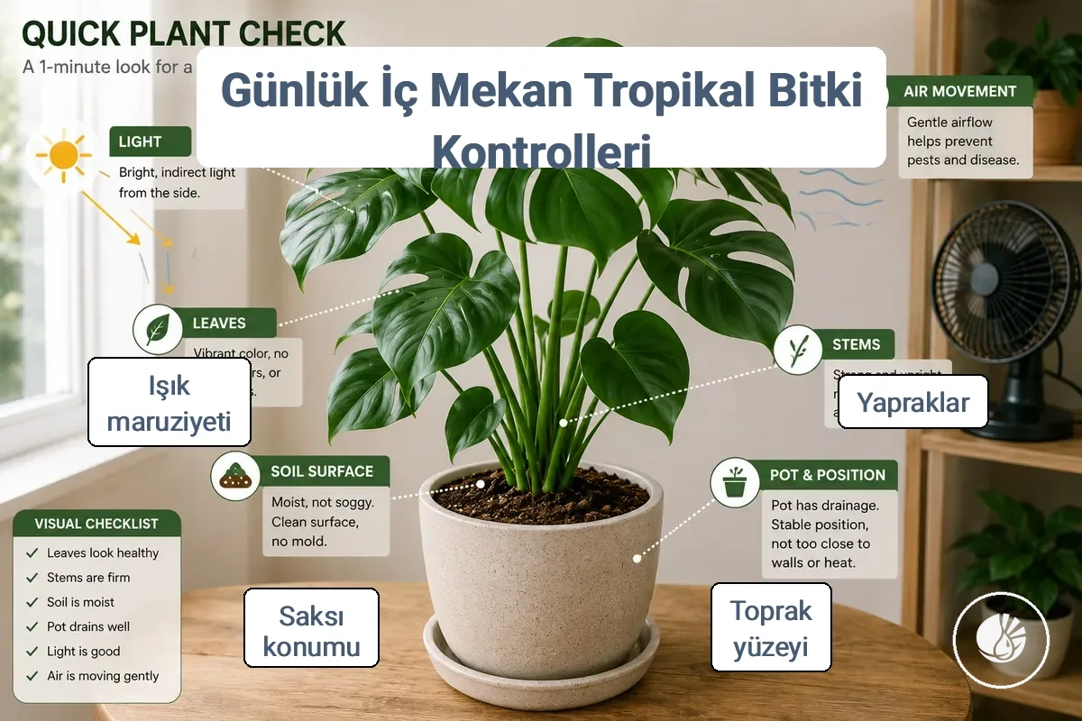 Günlük iç mekân tropikal bitki kontrolleri, yapraklar, toprak yüzeyi, saksı konumu ve ışık maruziyetini göstermektedir