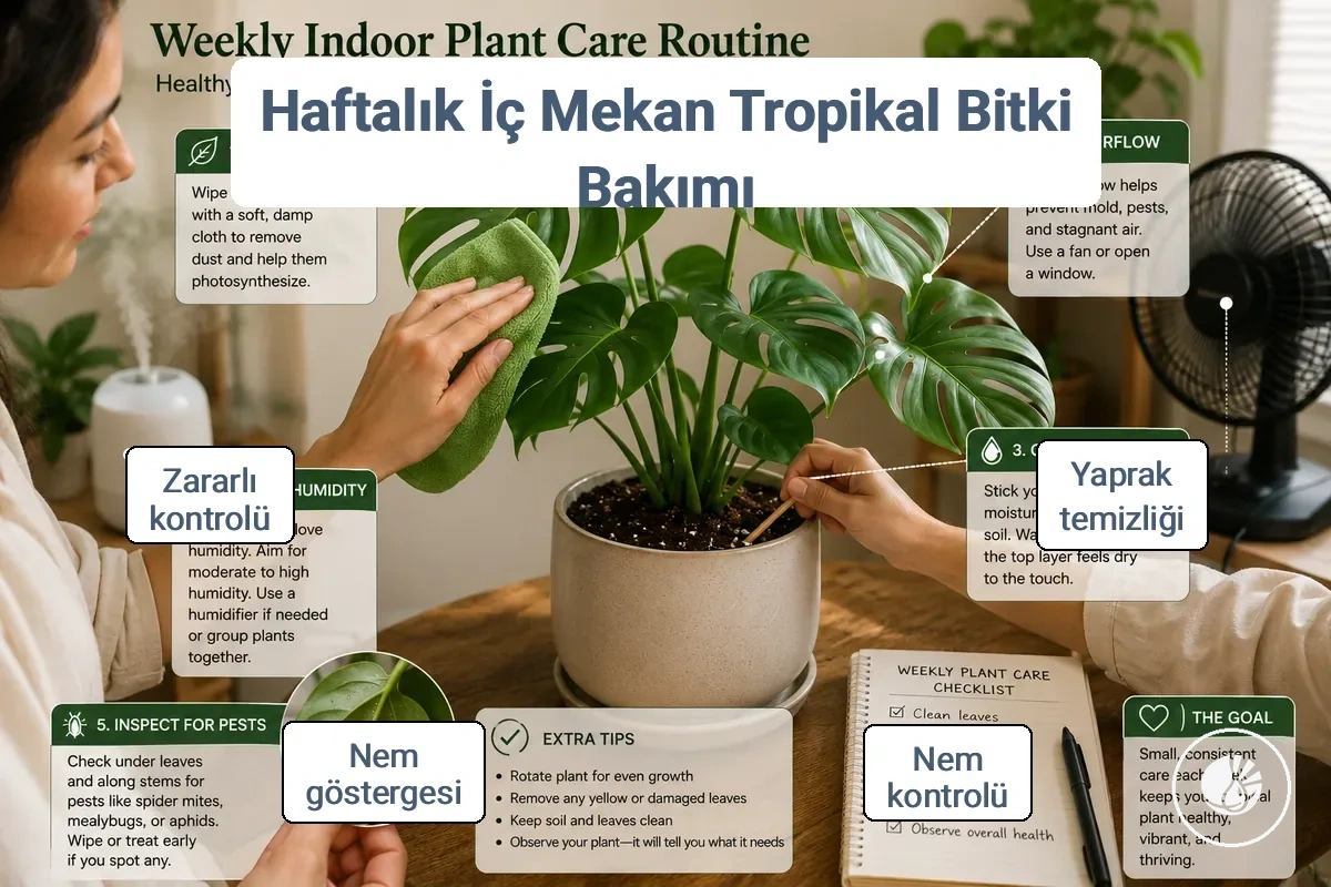 Haftalık iç mekân tropikal bitki bakım rutini, nem kontrolü, yaprak temizliği, nem ipucu ve haşere incelemesi