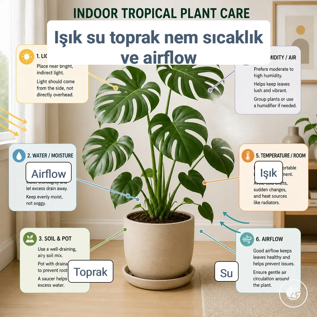 Bir iç mekân tropikal bitkisi etrafında ışık, su, toprak, nem, sıcaklık ve hava akışı diyagramı