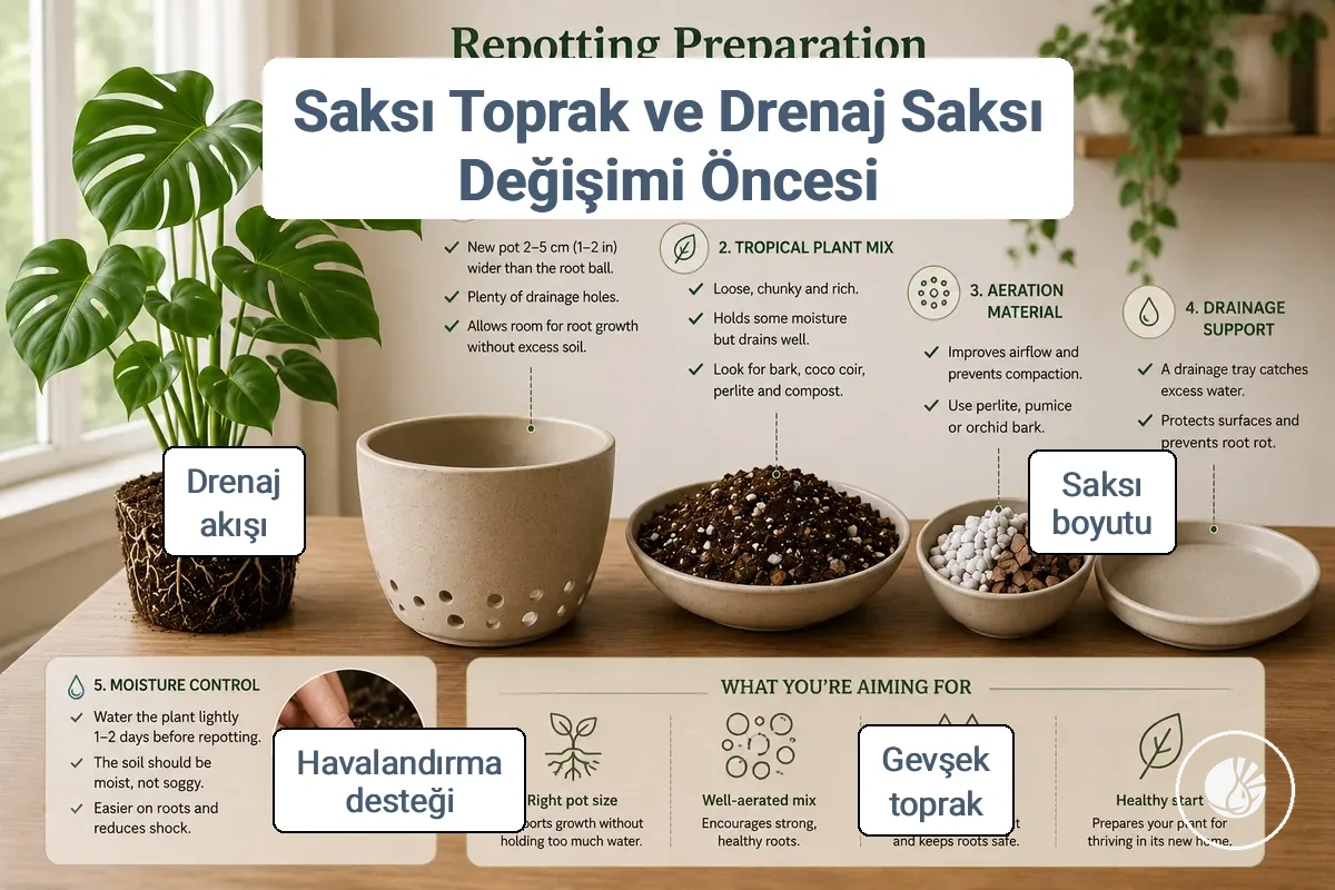 İç mekân tropikal bitki saksı değişimi için saksı, toprak ve drenaj düzeni
