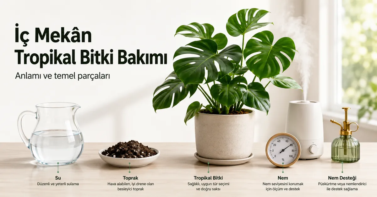 Işık, su, toprak ve nem araçlarıyla iç mekân tropikal bitki bakımının temel parçaları