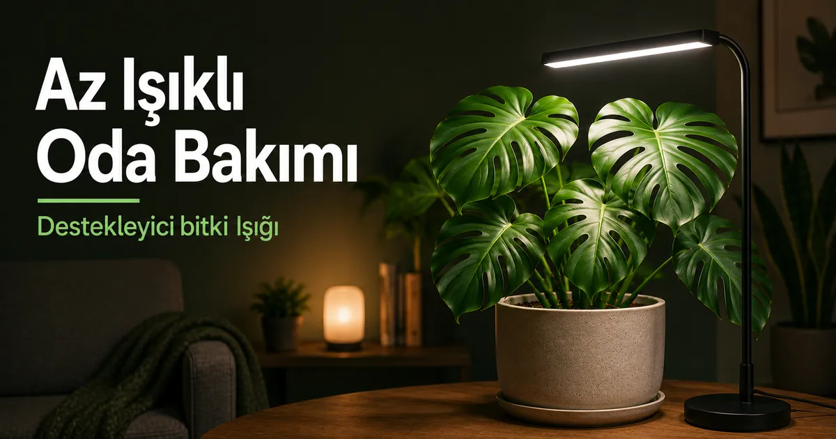 Destekleyici bitki ışığıyla az ışıklı bir odada iç mekân tropikal bitki bakım düzeni