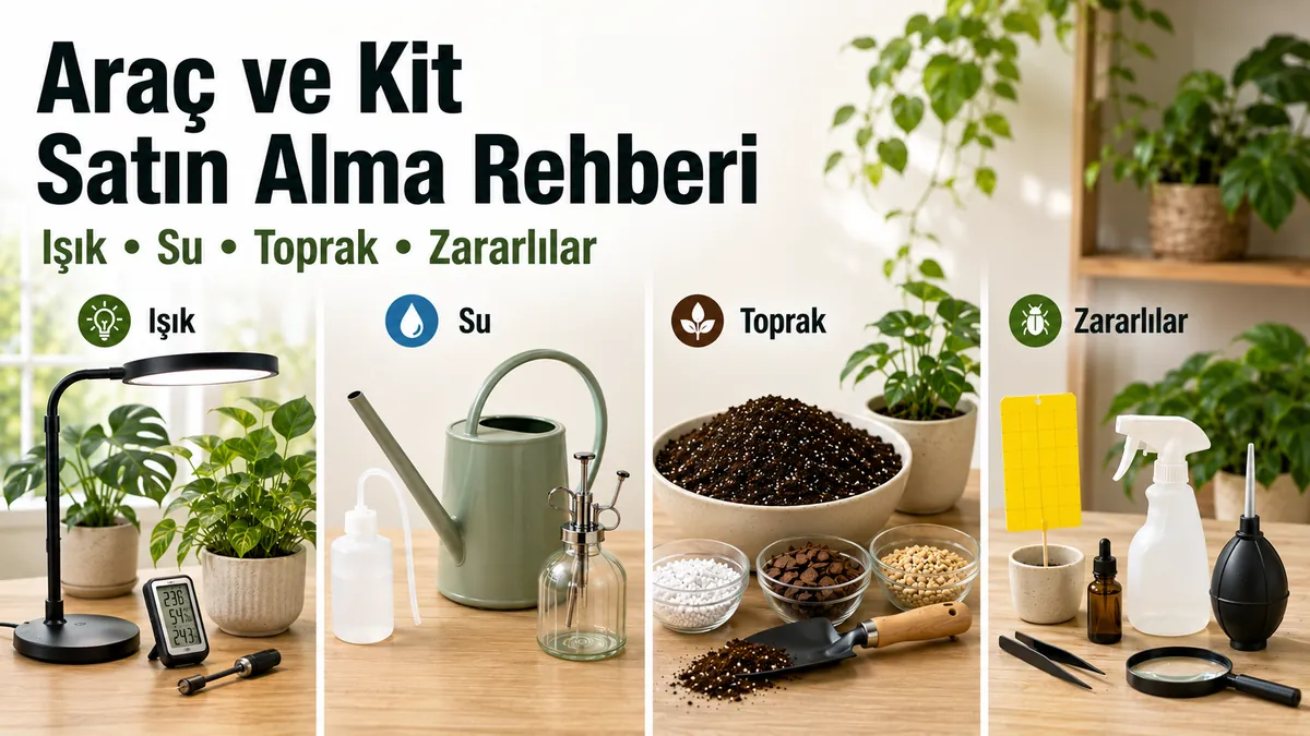 Işık, su, toprak ve zararlı ihtiyaçlarına göre düzenlenmiş iç mekân tropikal bitki bakım araçları ve kitleri