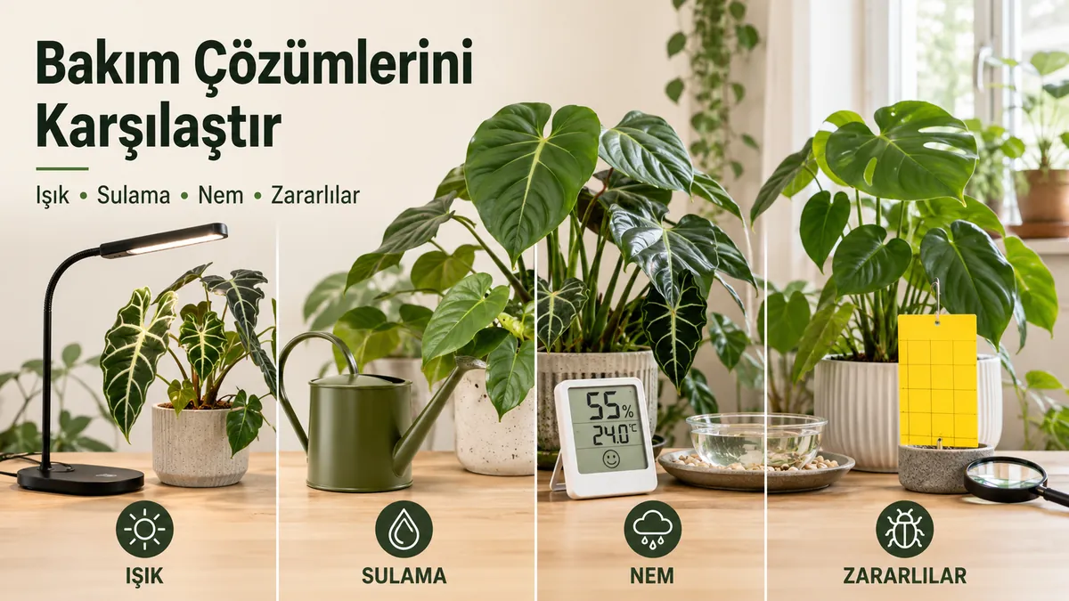 Işık, sulama, nem ve zararlı ihtiyaçlarına göre iç mekân tropikal bitki bakım çözümleri karşılaştırması