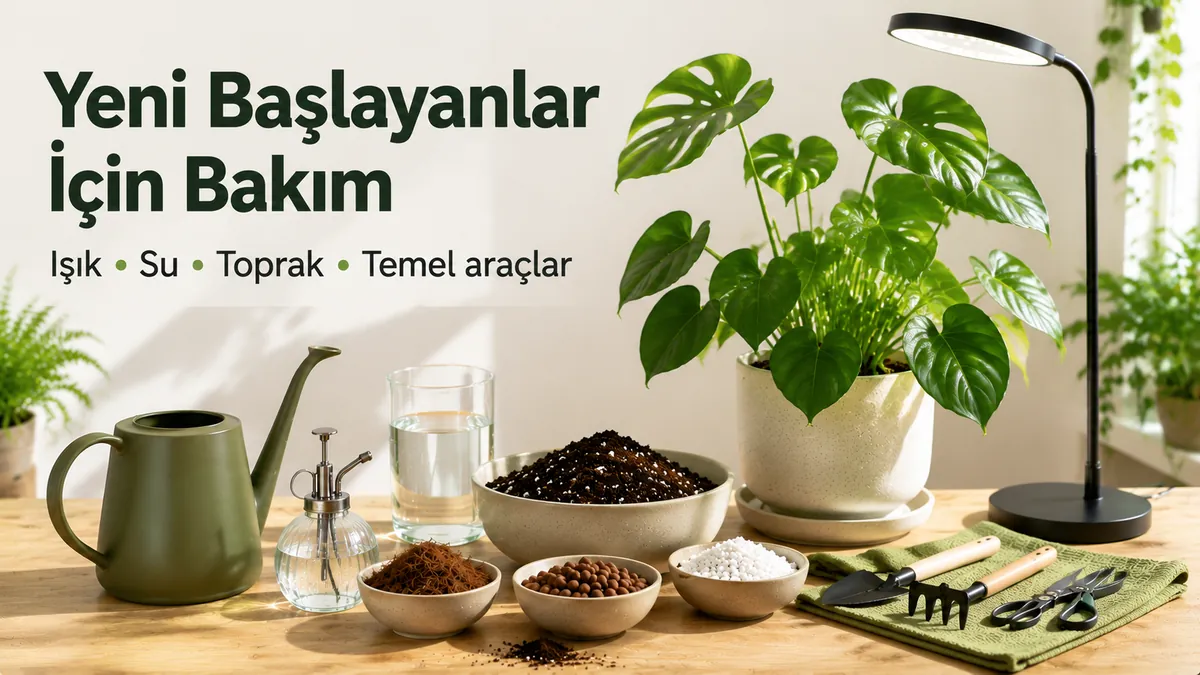 Temel araçlar, ışık, su ve toprak malzemeleriyle yeni başlayanlar için iç mekân tropikal bitki bakım düzeni