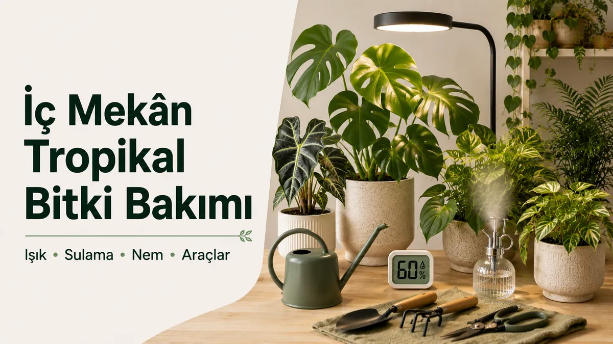 Işık, sulama, nem ve temel bakım araçlarıyla iç mekân tropikal bitki bakım düzeni