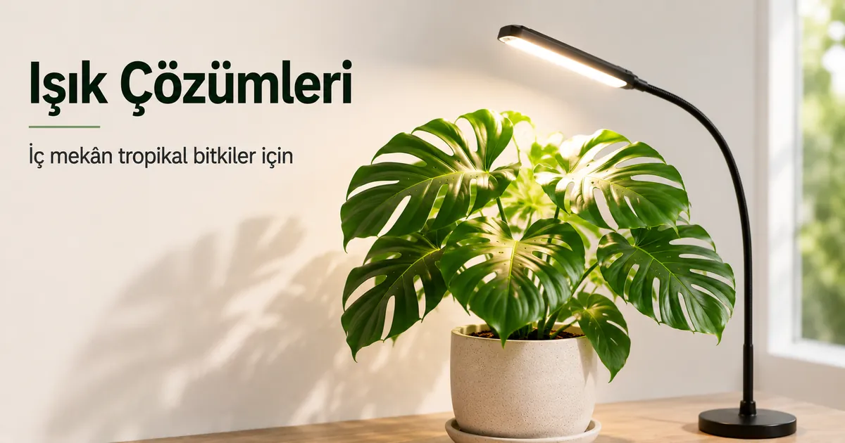 Daha iyi ışık alması için bitki yetiştirme lambasının yanına yerleştirilmiş iç mekân tropikal bitki