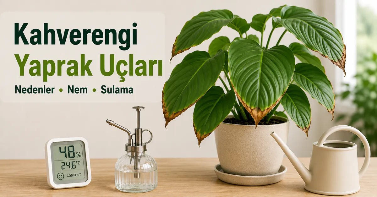 Yanında nem ve sulama araçları bulunan kahverengi yaprak uçlu iç mekân tropikal bitki