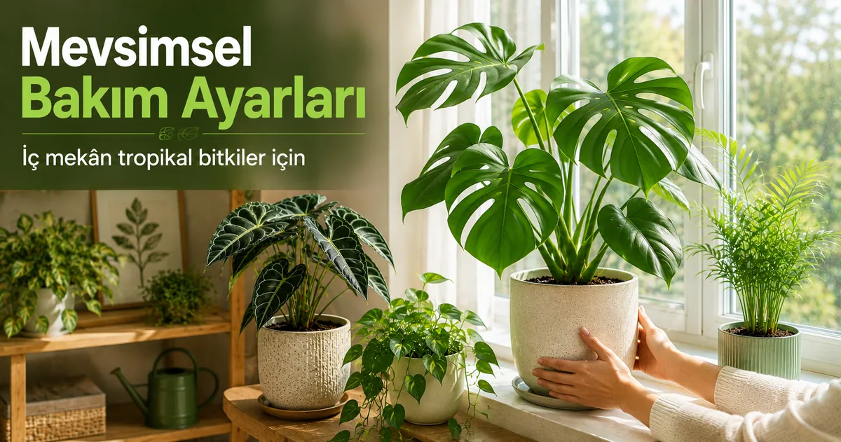 Pencere yanında mevsimsel bakım ayarları için düzenlenmiş iç mekân tropikal bitkiler