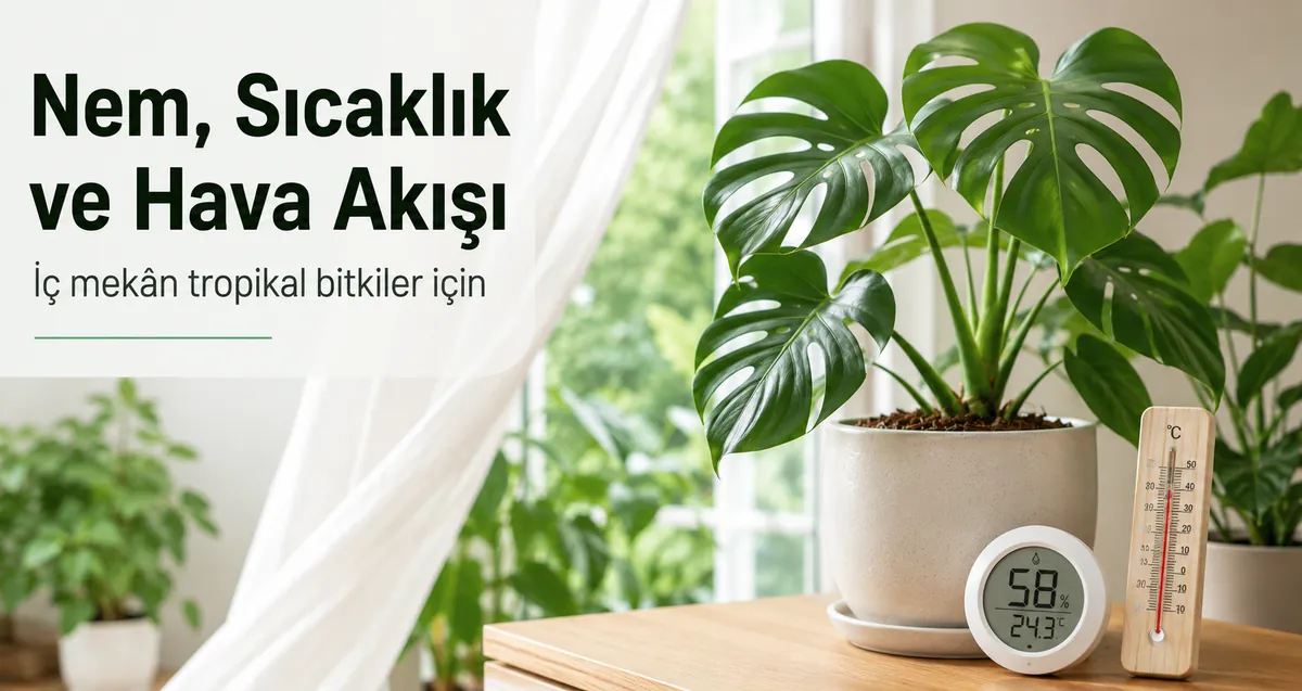 Ev ortamında iç mekân tropikal bitkilerin yanında nem ve sıcaklık araçları