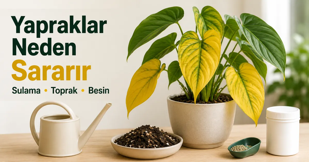 Sulama, toprak ve besin sorunları için kontrol edilen sarı yapraklı iç mekân tropikal bitki