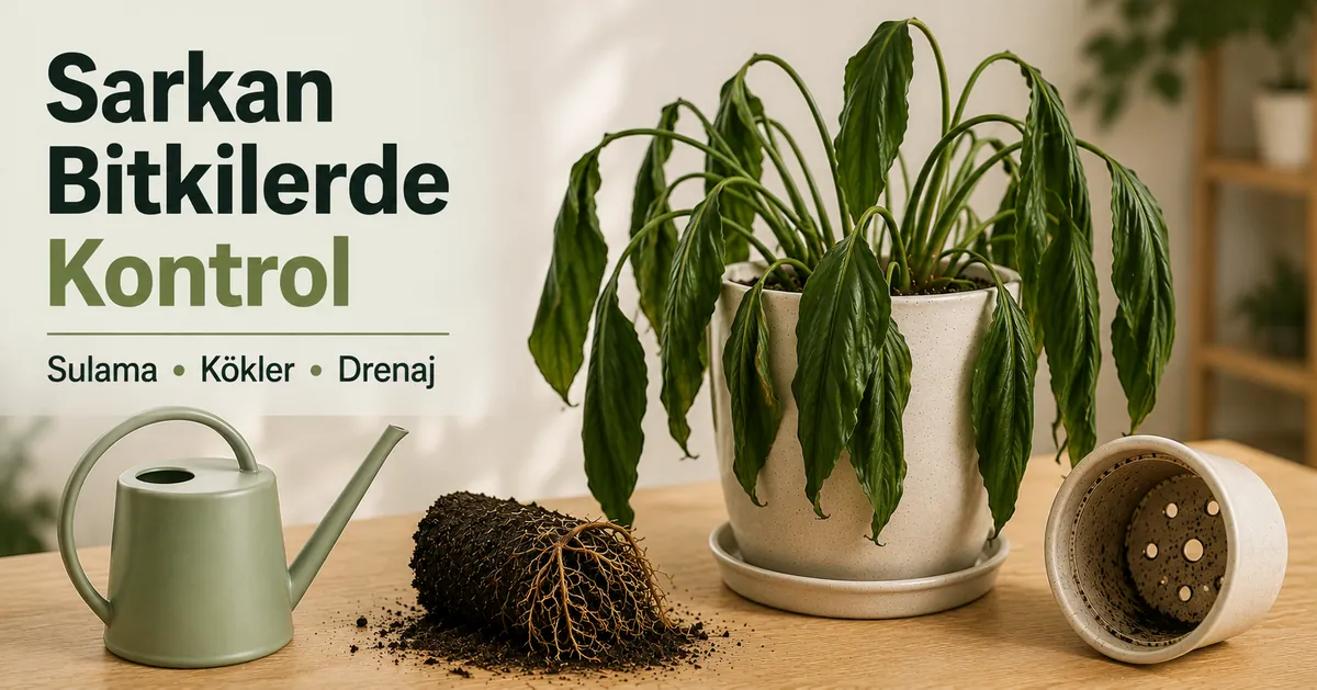 Sulama, kök ve drenaj sorunları için kontrol edilen sarkmış iç mekân tropikal bitki