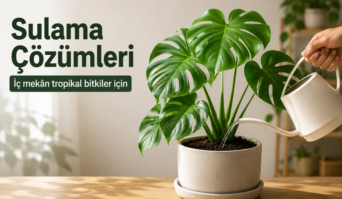 İnce ağızlı sulama kabıyla sulanan iç mekân tropikal bitki