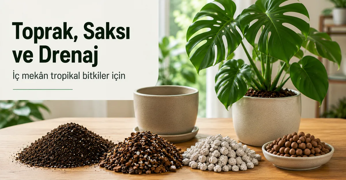 İç mekân tropikal bitki bakımı için toprak, saksı karışımı ve drenaj malzemeleri